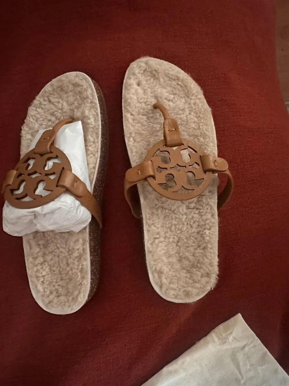 Tory Burch Miller Caramel Cloud Shearling Sandals - New Women Size 8.5
